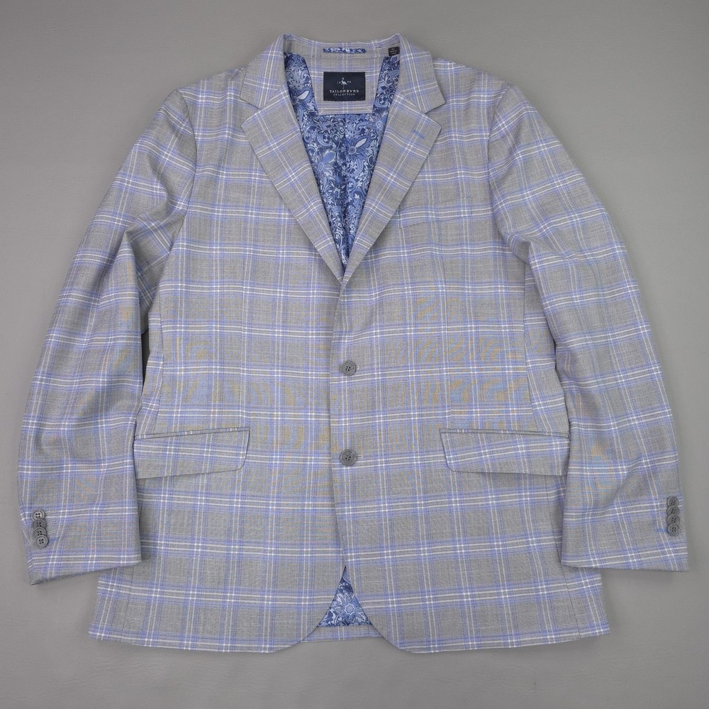 Tailorbyrd Blazer Mens 44L Gray Plaid Stretch Sport Coat Jacket Paisley Lining